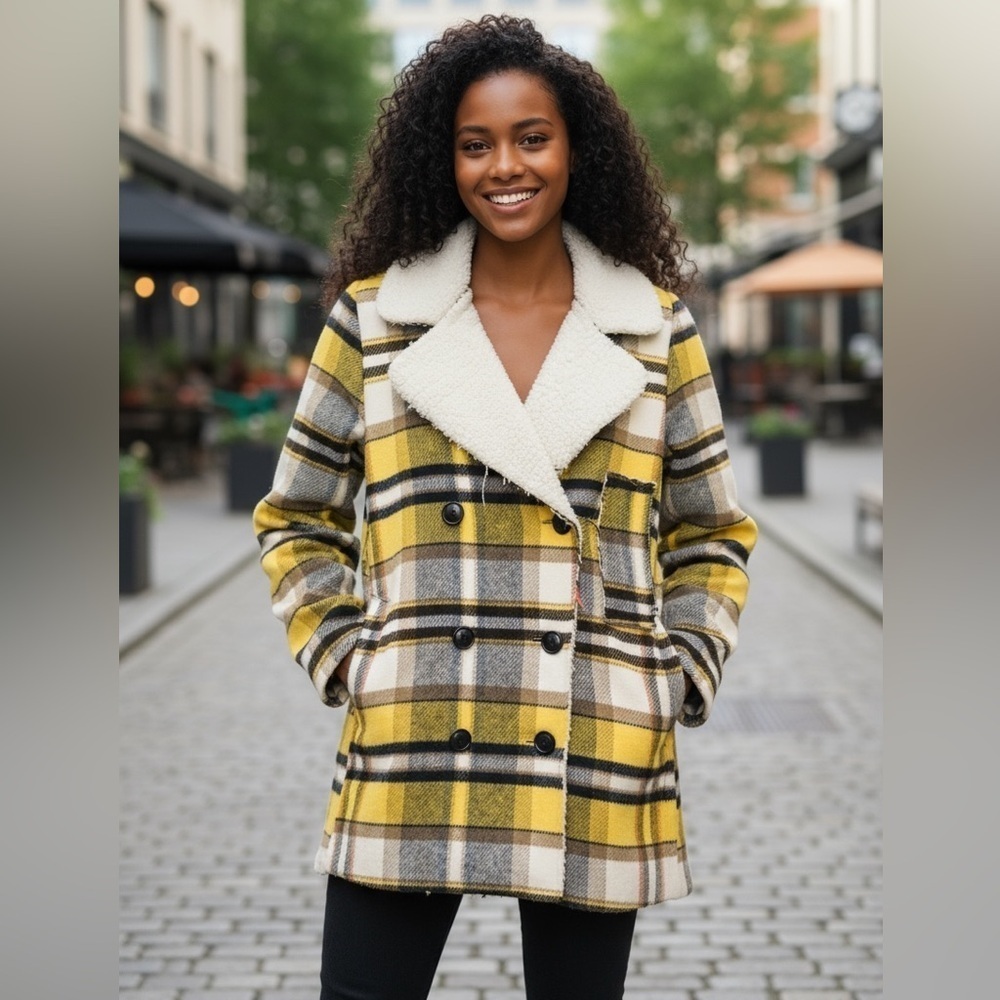 Mingze cozy coat with‎ distressed detailing medium #plaid #business casual